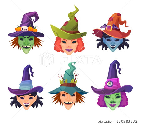 Cartoon witch masks. Witches face in magician hat for halloween costume, scary woman vampire head mask nose hair wizard cap autumn magic evil masquerade set vector illustration 130583532
