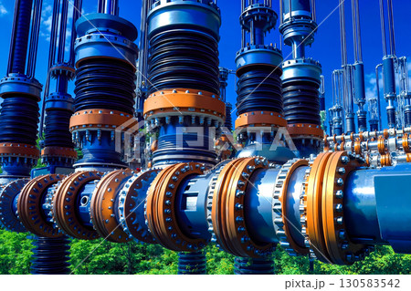 A group of large industrial pipes and valves in a forest A group of large industrial pipes and valves in a forest 130583542