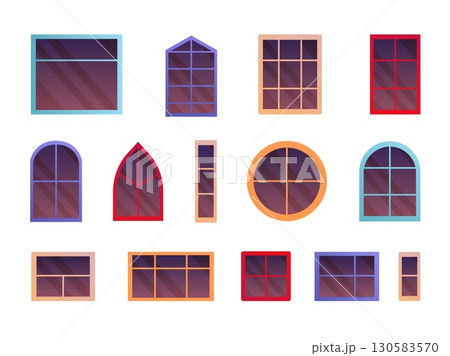Cartoon windows frames. Windows glass frame different shapes, wood plastic or pane arc round square shape for entrance door house building exterior window set vector illustration 130583570