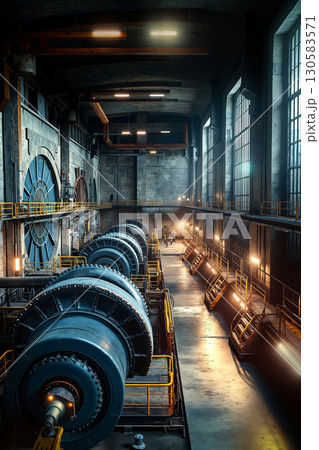 A large industrial building with a lot of machinery inside of it A large industrial building with a lot of machinery inside of it 130583571