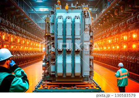 A group of men standing in front of a large machine in a factory 130583579