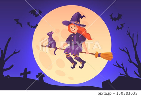 Cartoon little witch. Redhead girl flying on broom at big moon, cemetery bat silhouette halloween background female kid cute character broomstick in night sky vector illustration 130583635