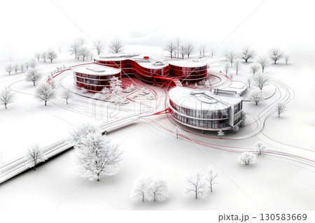 A rendering of a red and white building in the middle of a snowy landscape 130583669