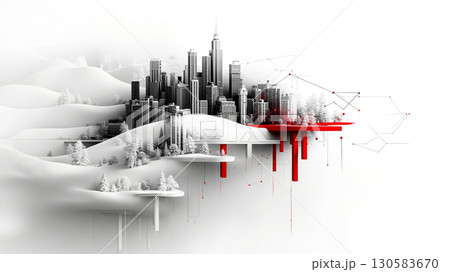 A black and white image of a city in the middle of a snowy landscape 130583670