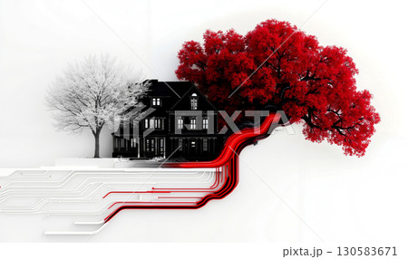 A black house with a red tree in front of it 130583671