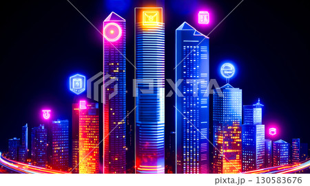 A city skyline at night with neon lights and icons A city skyline at night with neon lights and icons 130583676