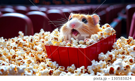 A hamster sitting in a red bucket of popcorn in a movie theater 130583824