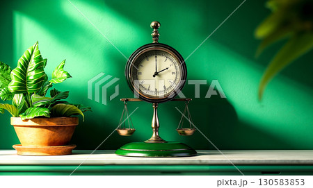 A clock sitting on top of a table next to a potted plant 130583853