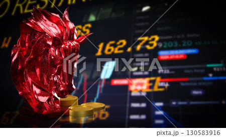 The Red Horse Bust and coins for Business concept 3d Rendering. 130583916