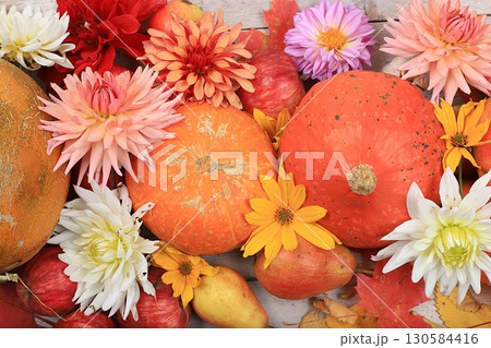 Happy Thanksgiving concept, postcard Autumn background with seasonal pears, pumpkins, apples and flowers on wooden background,selective focus. Harvesting, 130584416