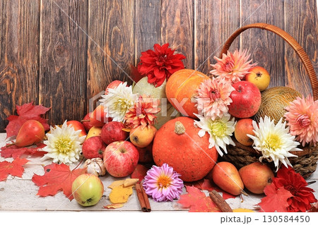 Happy Thanksgiving concept, postcard Autumn background with seasonal pears, pumpkins, apples and flowers on wooden background, copy space, selective focus. Harvesting, gifts of nature Happy Thanksgiving concept, postcard Autumn background with seasonal pears, pumpkins, apples and flowers on wooden background, copy space, selective focus. Harvesting, gifts of nature 130584450