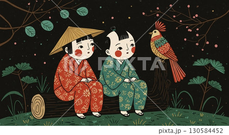 最高の笑顔!民藝風に描かれた座る子供 最高の笑顔!民藝風に描かれた座る子供 130584452