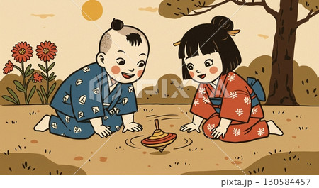 最高の笑顔!民藝風に描かれた駒で遊ぶ子供 最高の笑顔!民藝風に描かれた駒で遊ぶ子供 130584457