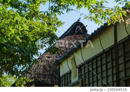 茅葺屋根と白壁 130584518