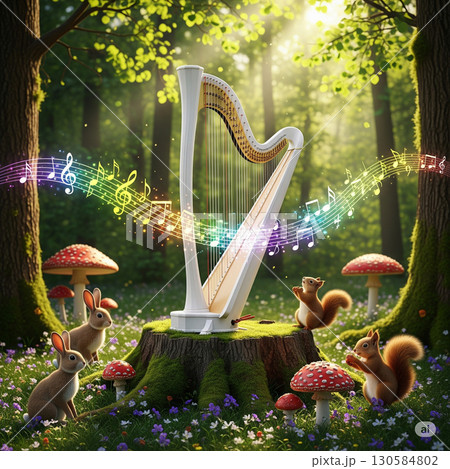 神秘的な森でウサギとリスが聴くヴァイオリンと光る楽譜のファンタジー画像　キノコの森 130584802
