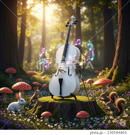 神秘的な光に包まれたヴァイオリンと楽譜の幻想的なイメージ　キノコの森 130584803