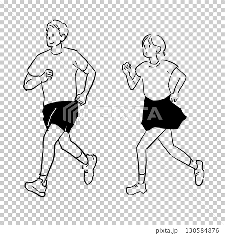 Hand-drawn illustration of a man and woman running a marathon (transparent PNG) 130584876