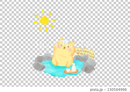 Cute cat relaxing in a hot spring - watercolor illustration 130584998