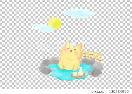 Moon viewing: A cute cat relaxing in a hot spring. Watercolor illustration 130584999