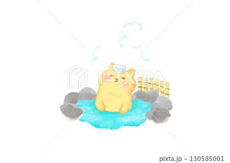 温泉でリラックスするかわいい猫　水彩イラスト素材 130585001