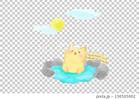 賞月：一隻可愛的貓咪在溫泉裡放鬆。水彩畫 130585002