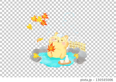 Autumn: Cute cat relaxing in a hot spring. Watercolor illustration. 130585006