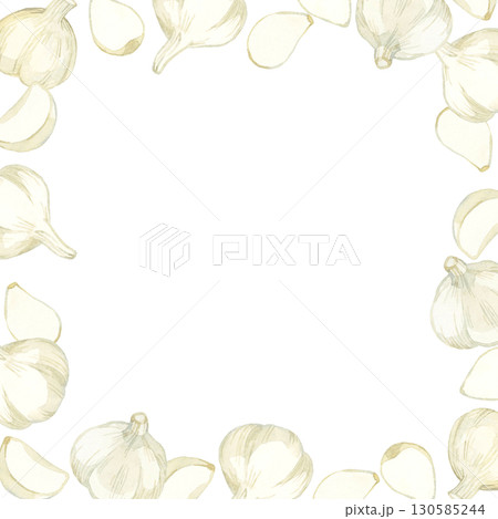 ニンニクのフレーム　野菜・薬味の手描き水彩イラスト背景素材 130585244