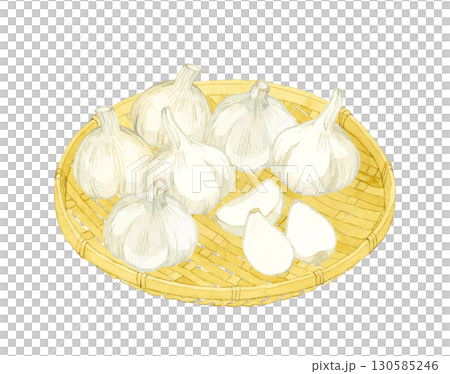 Garlic on a bamboo colander. Hand-drawn watercolor illustration of vegetables and condiments. 130585246