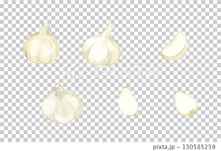 Garlic set - Hand-drawn watercolor illustration of vegetables and condiments 130585259