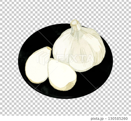 Garlic on a black plate. Hand-drawn watercolor illustration of vegetables and condiments. 130585260