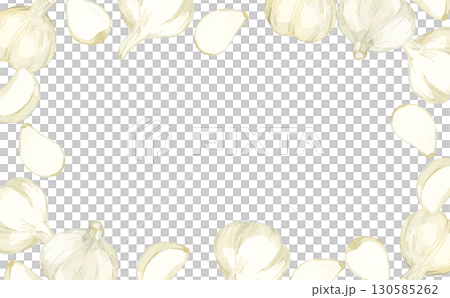 Garlic frame - Hand-drawn watercolor illustration background of vegetables and condiments 130585262