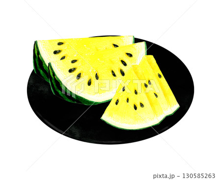 お皿に乗った果肉が黄色のカットスイカ 夏のフルーツの手描き水彩イラスト素材 お皿に乗った果肉が黄色のカットスイカ 夏のフルーツの手描き水彩イラスト素材 130585263
