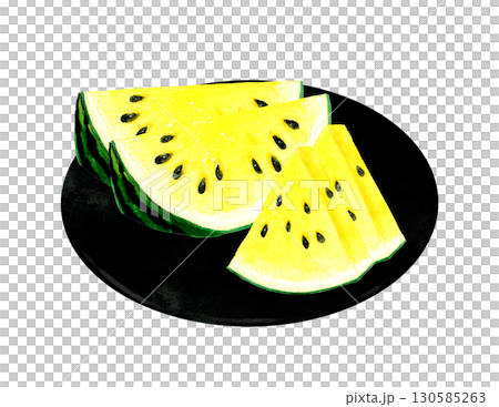 盤子裡放著切好的黃肉西瓜。手繪水彩畫,描繪夏季水果。 盤子裡放著切好的黃肉西瓜。手繪水彩畫,描繪夏季水果。 130585263