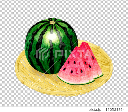 竹籃裡的西瓜－夏日水果的手繪水彩插圖 130585264