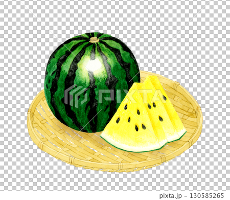 竹ざるに乗った果肉が黄色のスイカ　夏のフルーツの手描き水彩イラスト素材 130585265