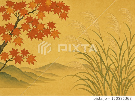 紅葉と山とススキ 130585368