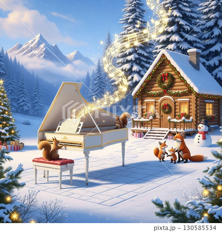 雪景色の中でリスがピアノを演奏しキツネが聴き入るクリスマスファンタジー画像 森の音楽隊 雪景色の中でリスがピアノを演奏しキツネが聴き入るクリスマスファンタジー画像 森の音楽隊 130585534