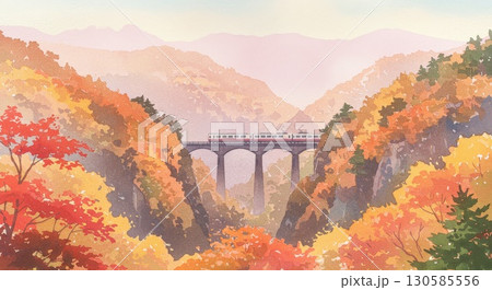 秋の紅葉した山林と鉄道の水彩画イラスト 130585556