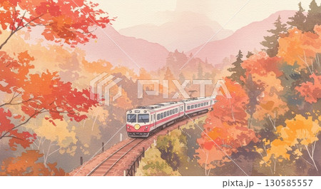 秋の紅葉した山林と鉄道の水彩画イラスト 130585557