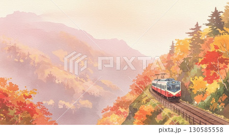 秋の紅葉した山林と鉄道の水彩画イラスト 130585558