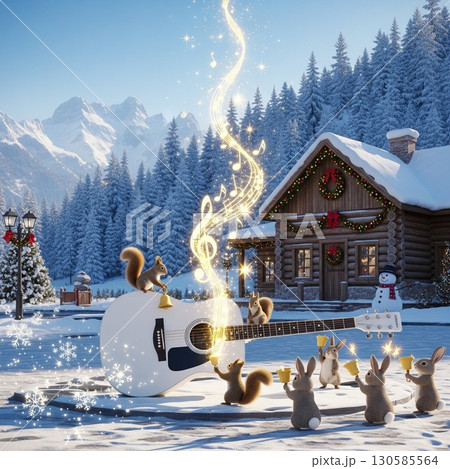雪景色の中で動物たちがおおきなギターを囲みクリスマスを祝うファンタジー画像　森の音楽隊 130585564