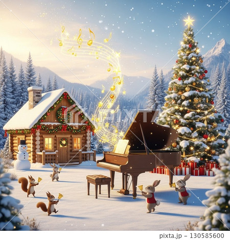 動物たちが祝うクリスマスファンタジー画像　森の音楽隊 130585600