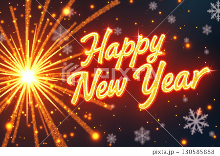 Happy New Year text with fireworks and snowflakes. 130585888