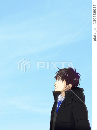 冬の晴れ間、空を見上げる高校生または中学生の男子のアニメ風イラスト、左に余白 130586037