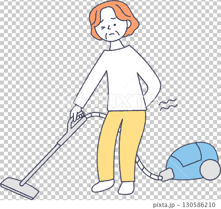 掃除機をかけて腰を痛める中年女性 掃除機をかけて腰を痛める中年女性 130586210