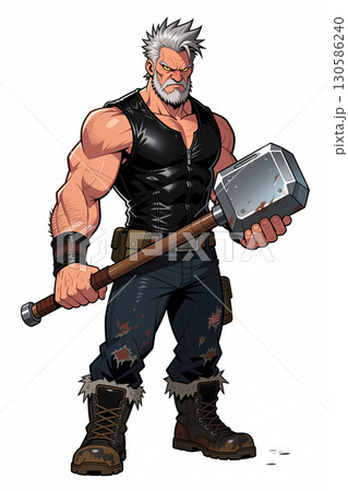 Muscular man holding a large hammer. 130586240