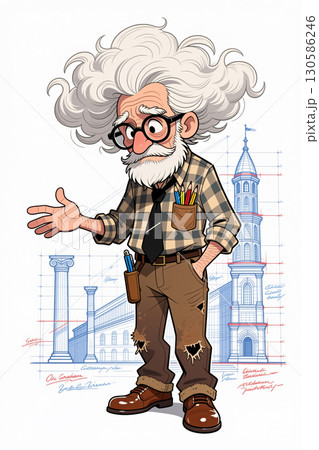 Old man with wild hair and glasses stands before architectural drawings. 130586246