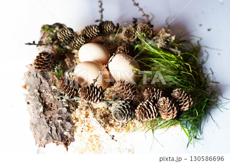 Fresh Brown Eggs on Rustic Wooden Table Natural Farmhouse Style 130586696