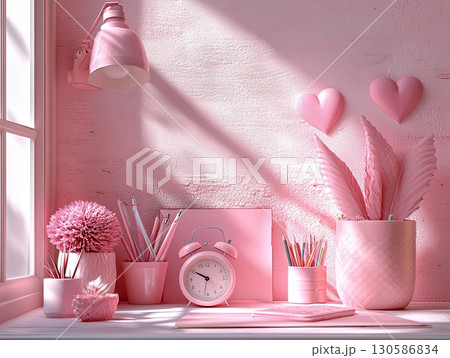 Charming pink workspace with decorative elements including flowers, clock, 130586834