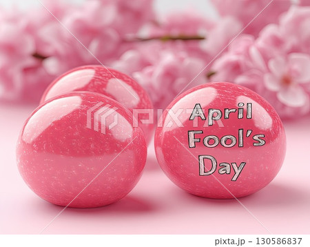 Colorful pink balls with April Fool's Day text surrounded by cherry blossoms 130586837